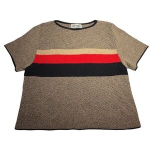 Vintage San Remo by Laura Knits Tan Black Red Striped Short Sleeve Sweater Large